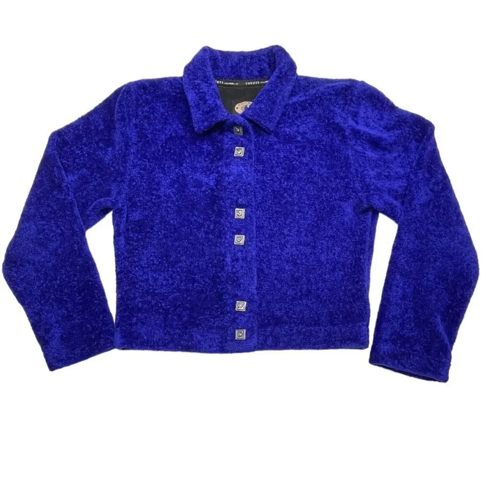 COUNTY CLOTHING‎ Cropped Fleece Jacket Women's Small Blue/Purple Artsy Buttons - Picture 4 of 15